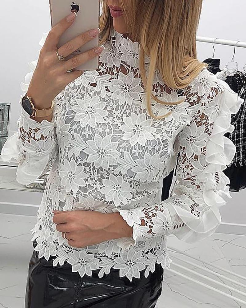 

Ruffles Design Mock Neck Floral Lace Blouse, White