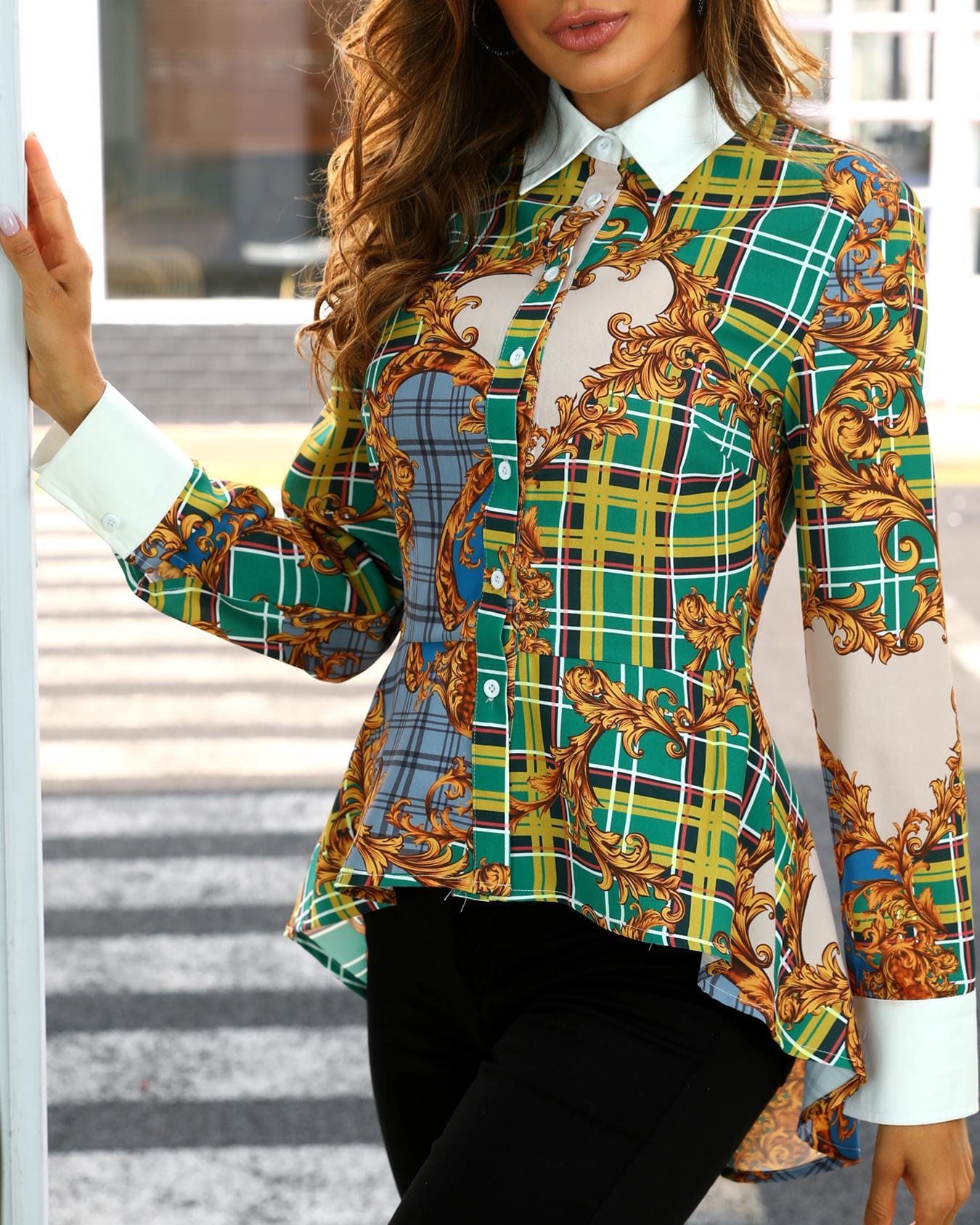 

Mixed Print Long Sleeve Dip Hem Shirt, Yellow