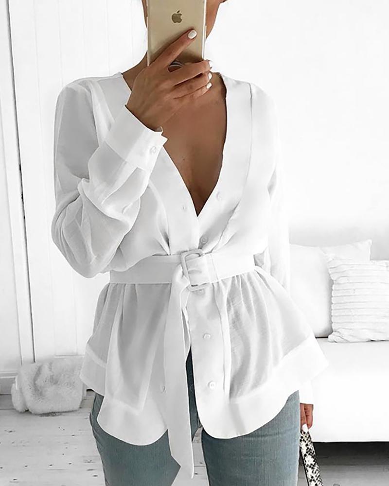 

Solid Long Sleeve Belted Casual Shirt, White