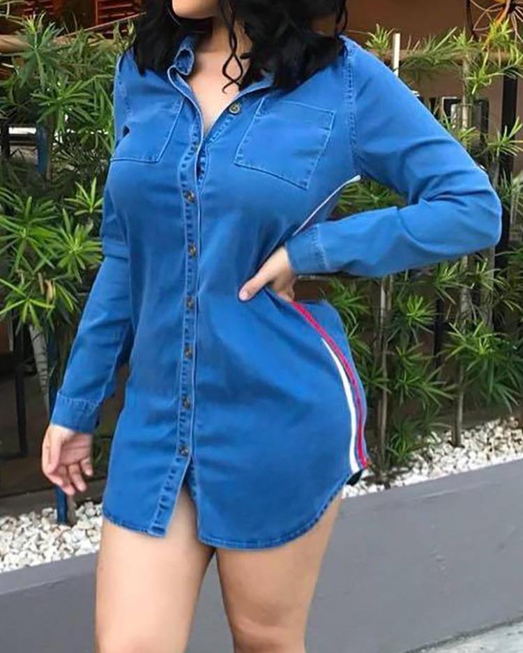 

Stripes Tape Side Denim Shirt Dress, Blue
