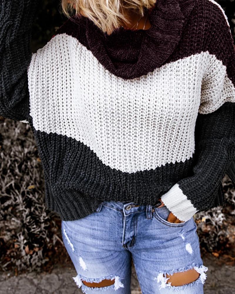 

Colorblock Long Sleeve Casual Sweater, Brown