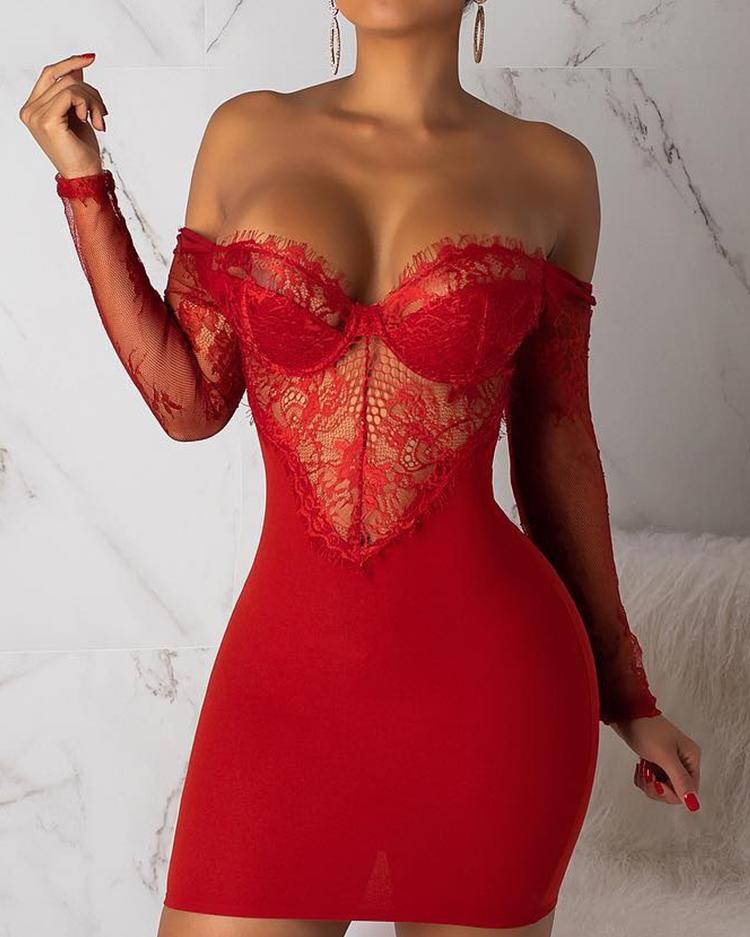 

See Through Eyelash Lace Backless Bodycon Dress, Red