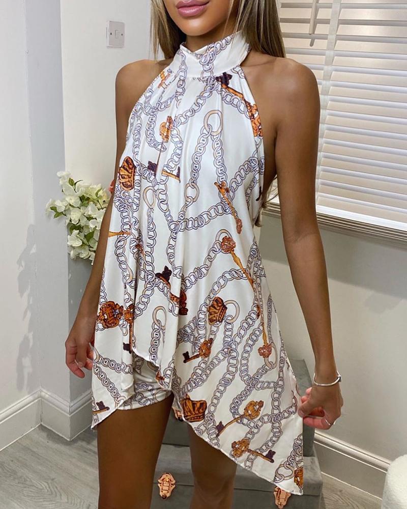 

Chain Print Halter Sleeveless Dress, White