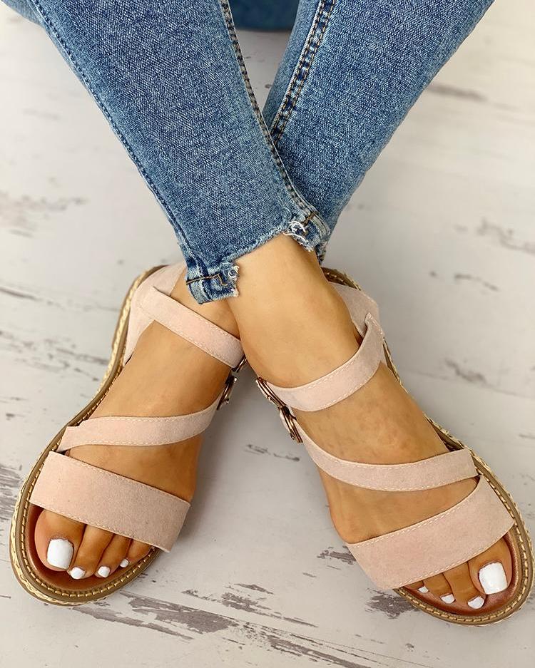 

Buckled Strappy Open Toe Flat Sandals, Apricot