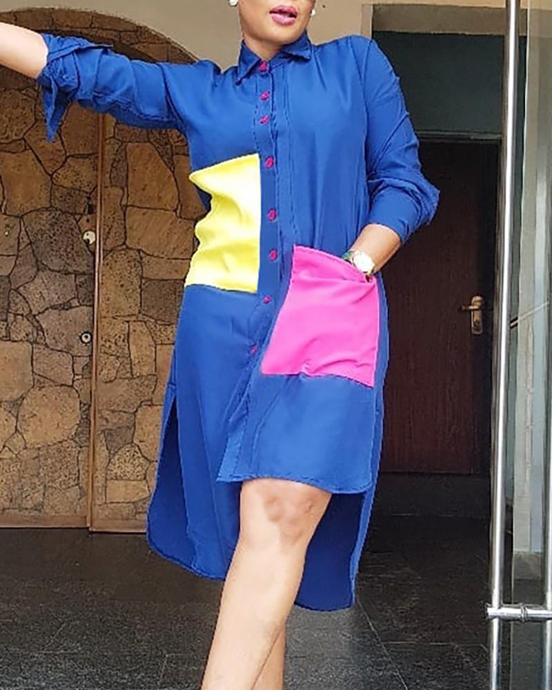

Turn-down Collar Colorblock Insert Irregular Hem Shirt Dress, Blue