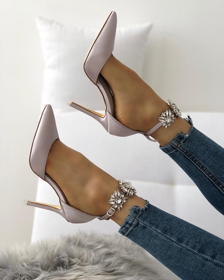 

Womens Satin Pointed Toe Shiny Ankle Strap Stiletto Heels, Silver