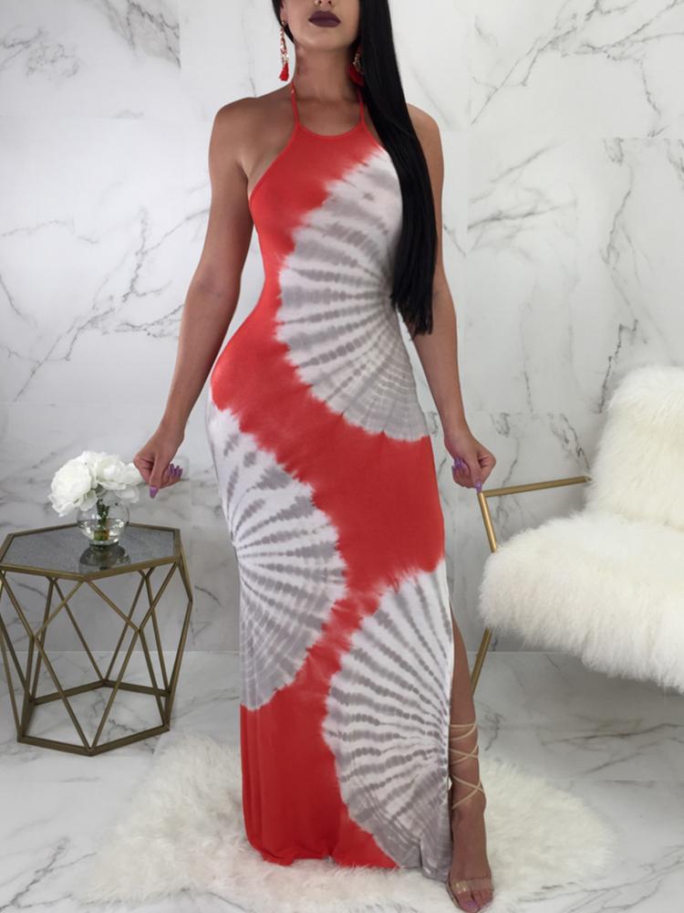 

Tie Dye Side Split Halter Maxi Dress