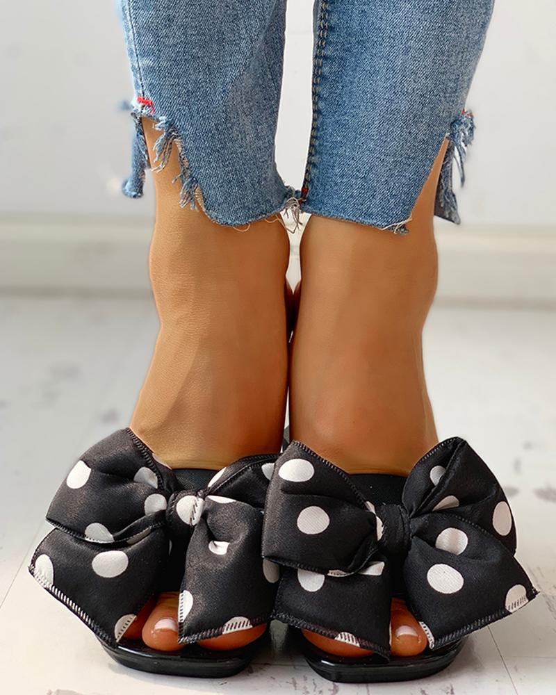 

Dot Bowknot Design Flat Slipper Sandals, Black