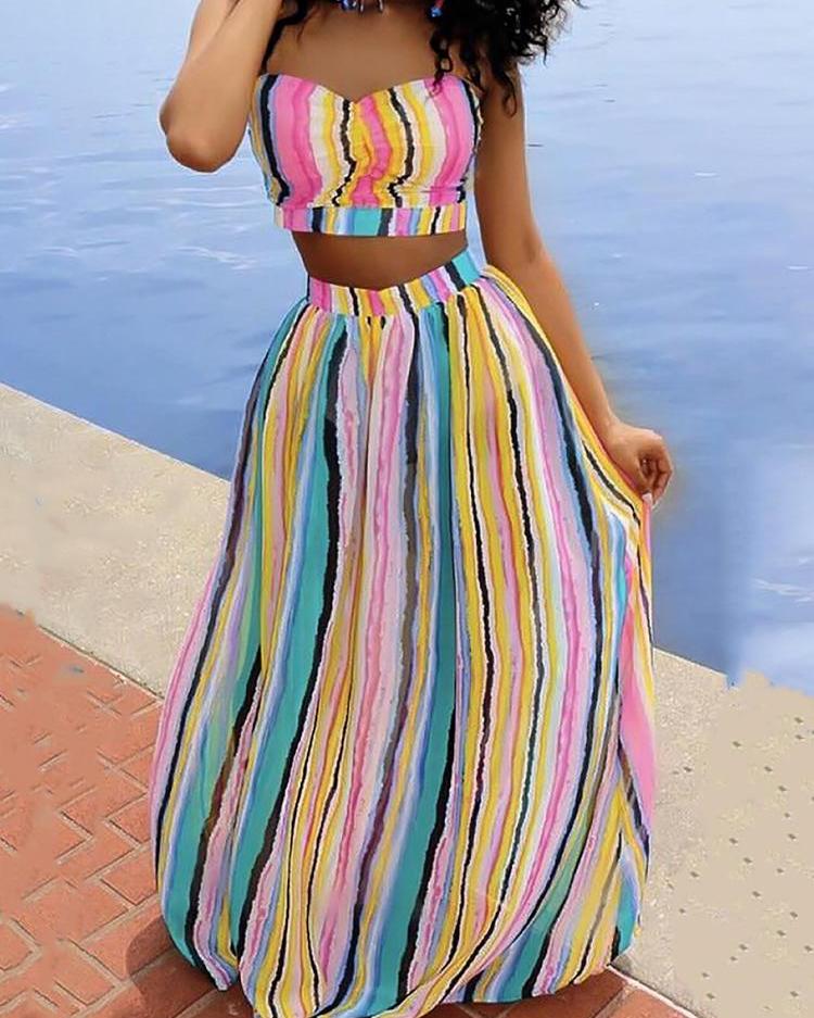 

Tie Dye Striped Tube Top & Maxi Skirt Set, Yellow