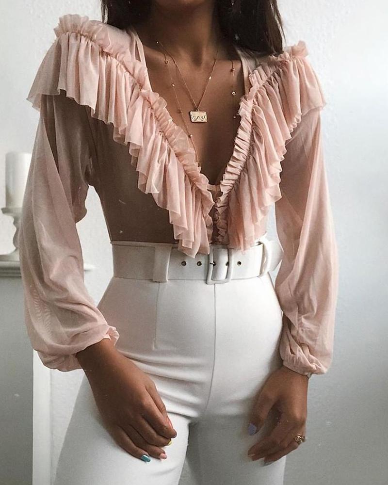 

Deep V Ruffle Trim Top, Pink