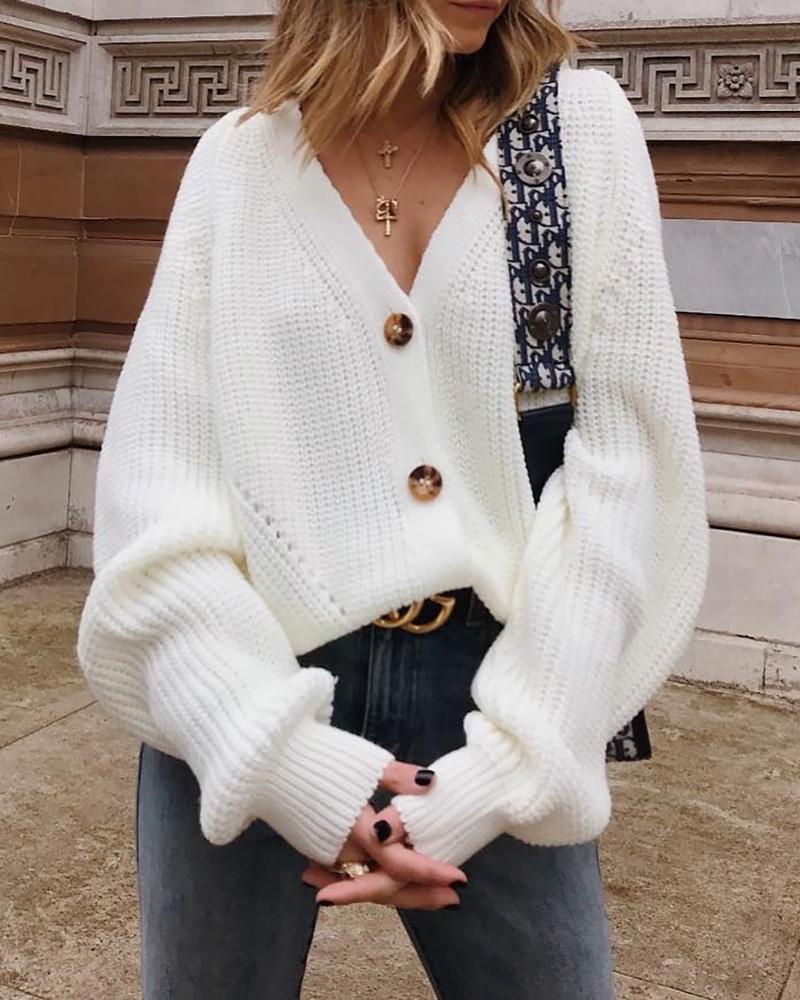 

V-Neck Long Sleeve Button Knitted Sweater, White