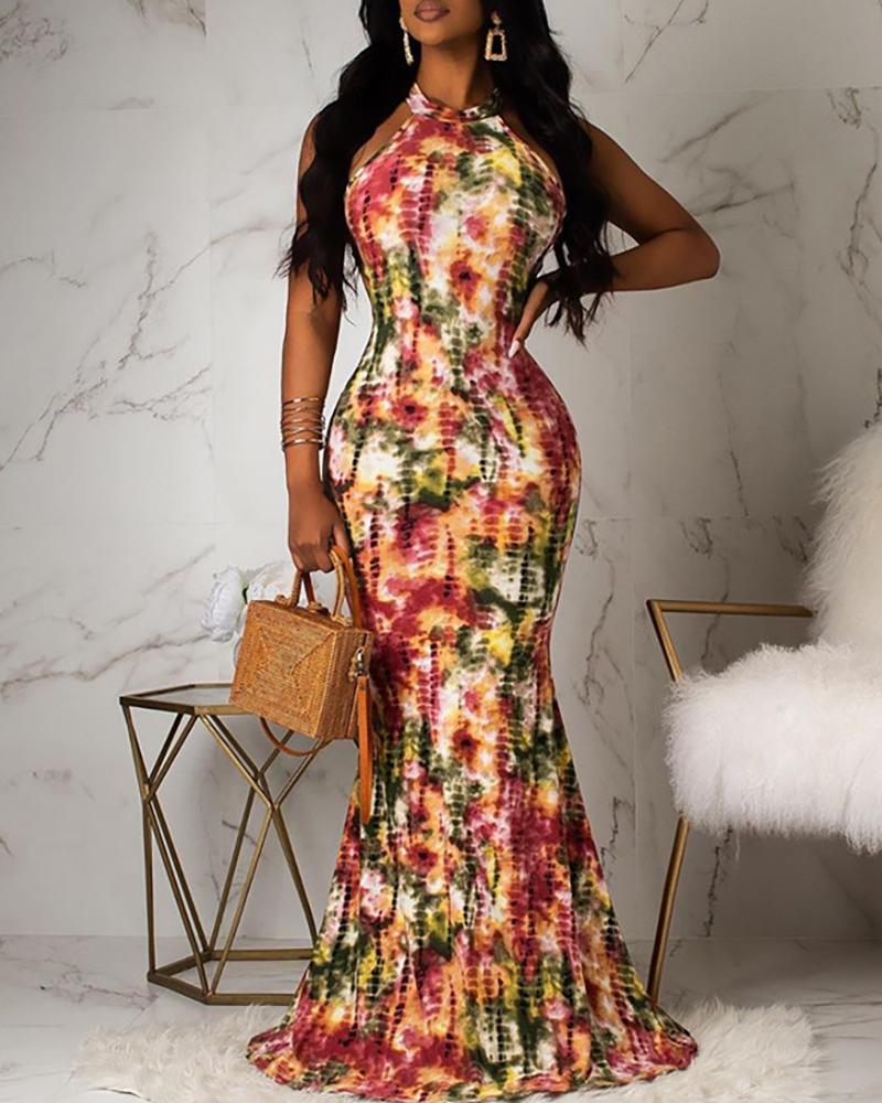 

Cutout Back Tie Dye Print Maxi Dress, Multicolor