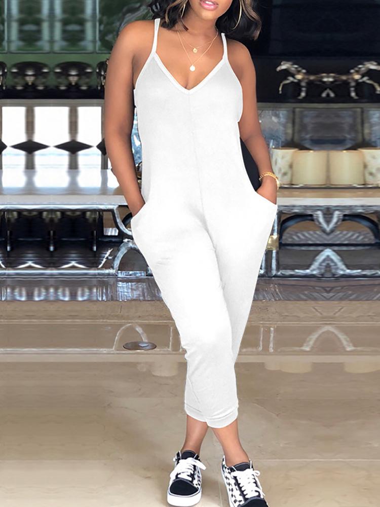 

Solid Racer-Back Loose Slip Casual Jumpsuit, White