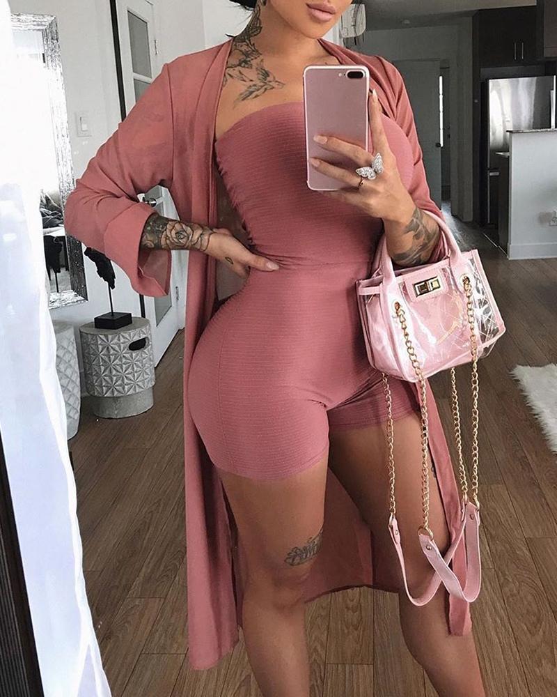 

Solid Off Shoulder Romper & Casual Longline Coat Sets, Pink