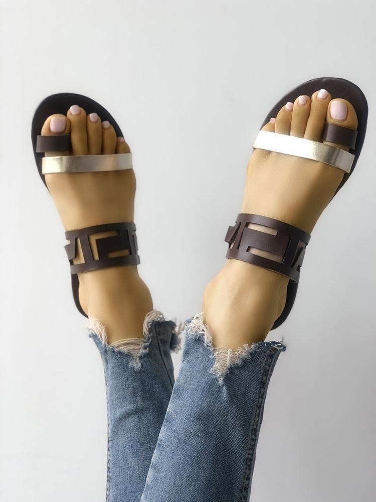 

Two Tone Hollow Out Toe Ring Flat Sandals, Brown
