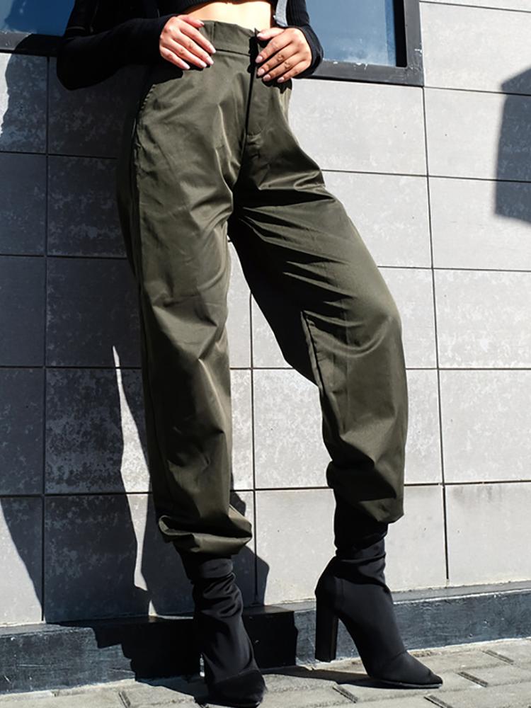 

Solid High Waist Pocket Design Leisure Pants, Army green