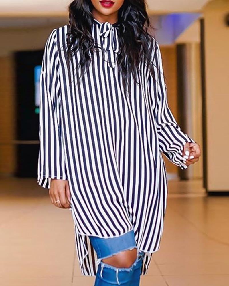 

Striped Tied Neck Dip Hem Shirt