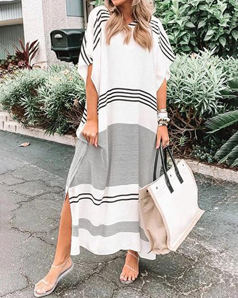 

Striped Colorblock Half Sleeve Slit Maxi Dress, Gray