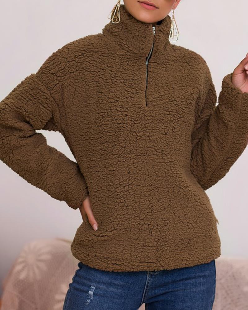 

Solid Long Sleeve Zipped Design Casual Sweatshirt, Brown