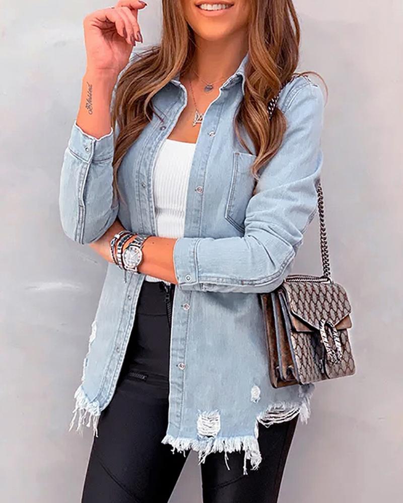 

Turn-down Collar Ripped Frayed Denim Coat