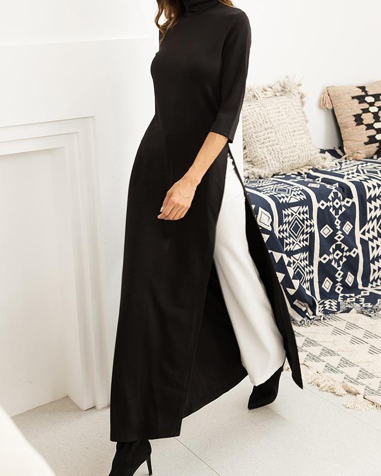 

Solid High Neck Side Slit Longline Top, Black