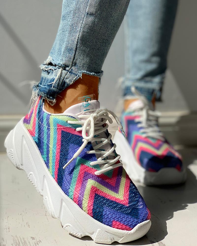 

Knitted Breathable Multicolor Wave Striped Lace-Up Muffin Sneakers, Purple
