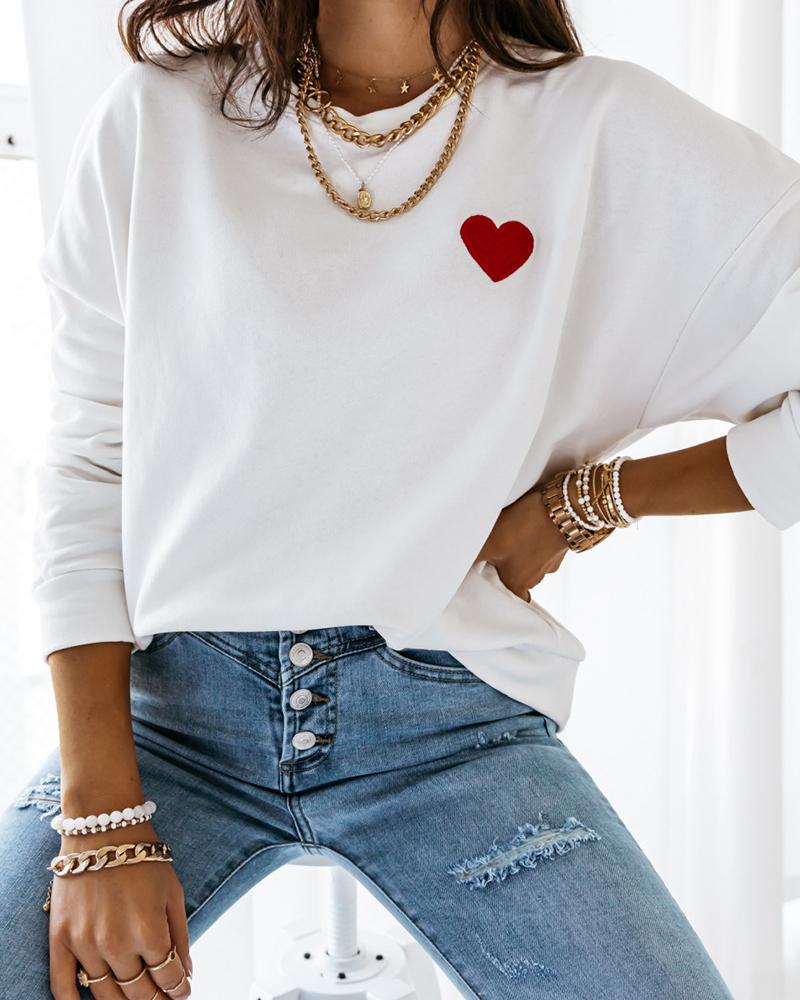 

Heart Print Long Sleeve Casual Top, White