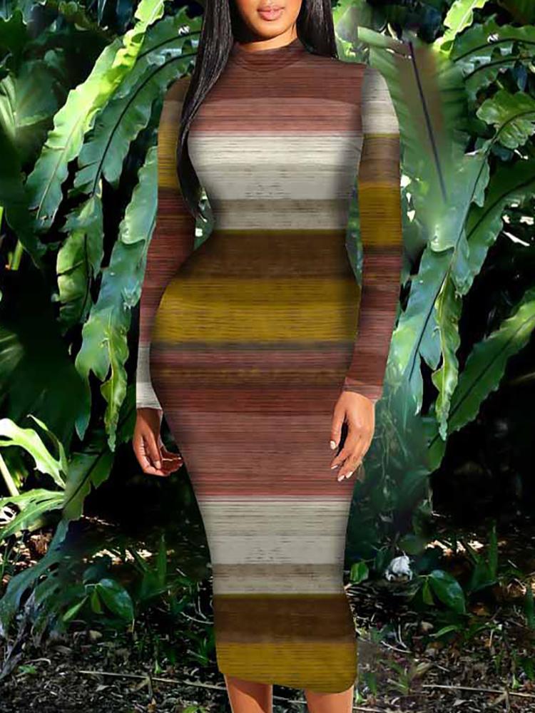 

Tie Dye Striped Mock Neck Bodycon Dress, Brown