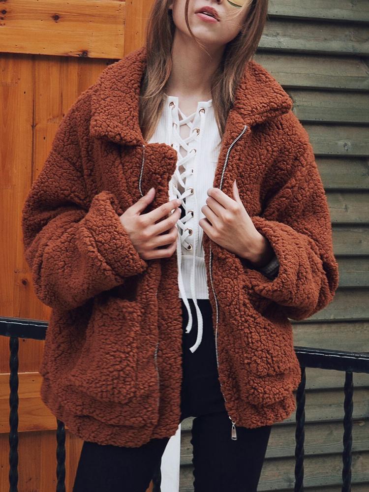 

Fluffy Zipper Up Pocket Design Oversized Coat