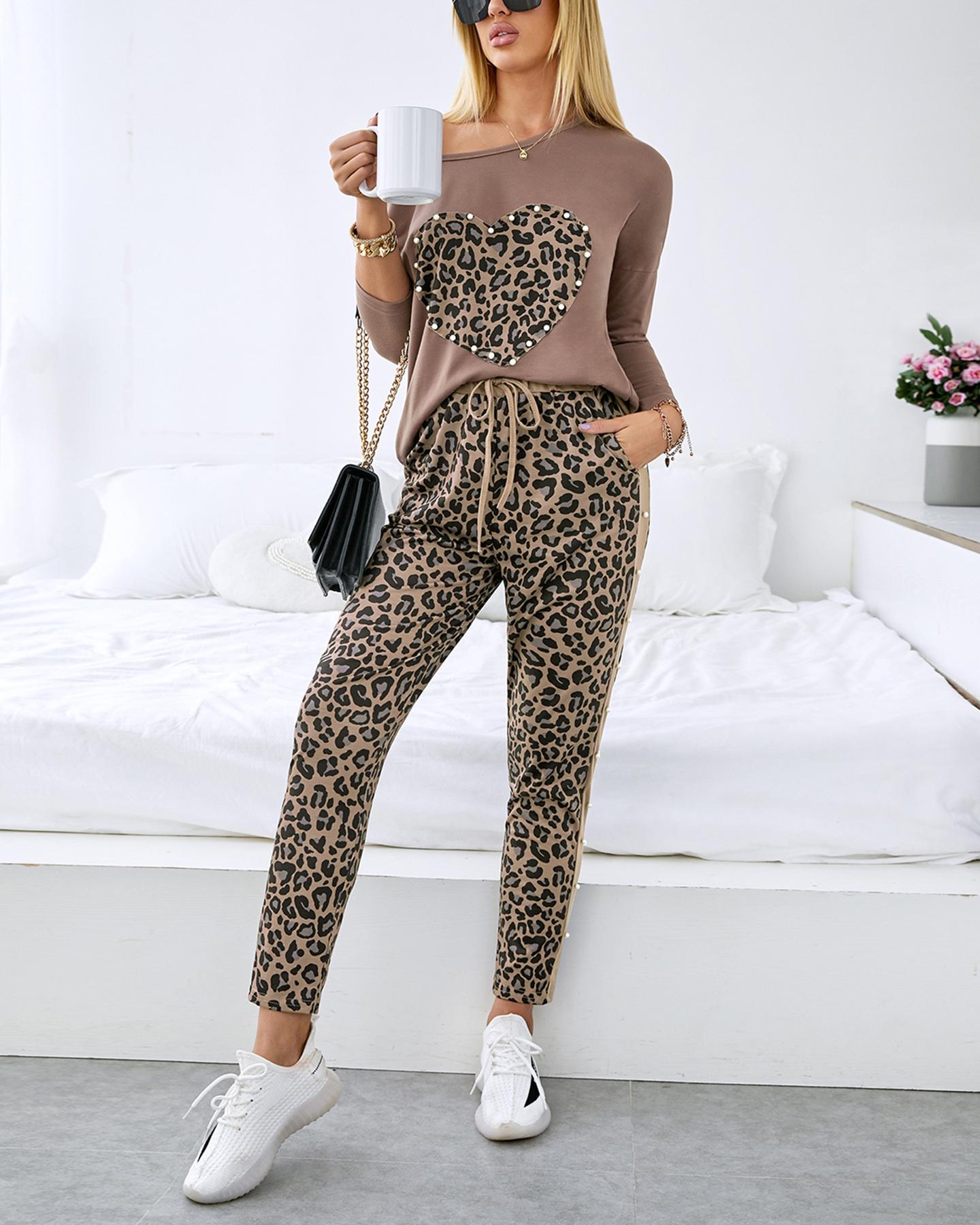 

Leopard Print Heart Design Beaded Top & Pants Set, Coffee