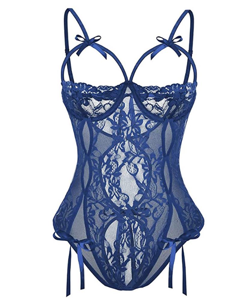 

Plain Lace Sheer Mesh Bowknot Design Teddy, Blue