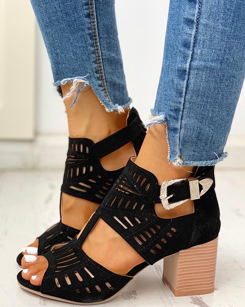

Solid Hollow Out Chunky Sandals, Black