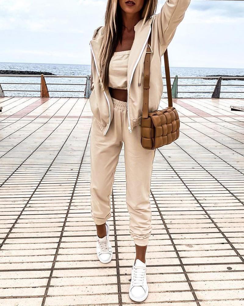 

Plain Zipper Design Long Sleeve Hooded Coat, Apricot