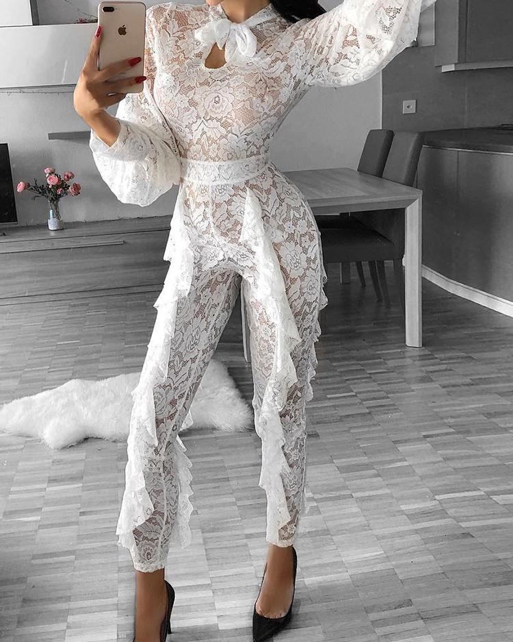 

Lace See Through Lantern Sleeve Frills Design Jumpsuit, White