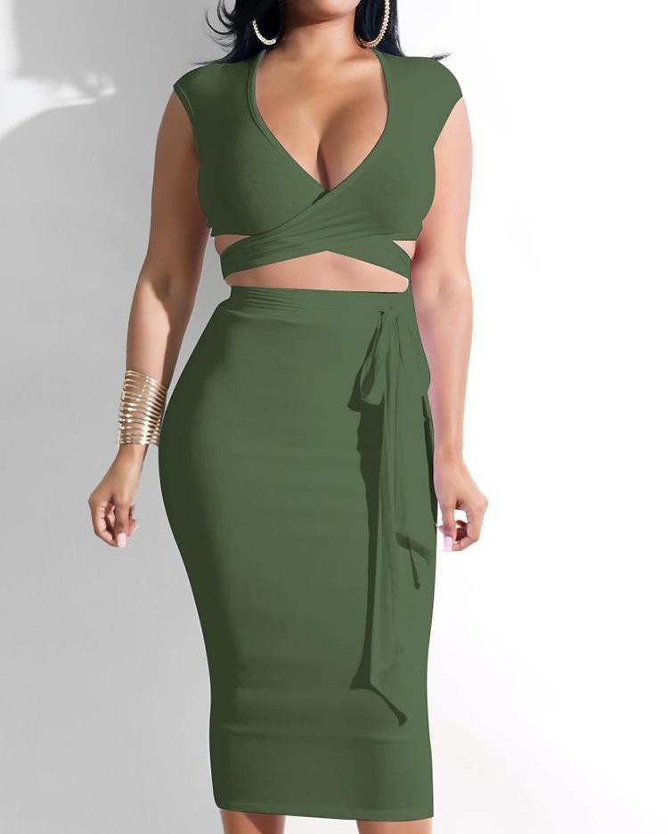 

Solid Crisscross Crop Top & Slinky Skirt Sets