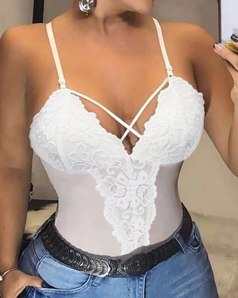 

Sheer Mesh Lace Cutout Spaghetti Strap Bodysuit, White