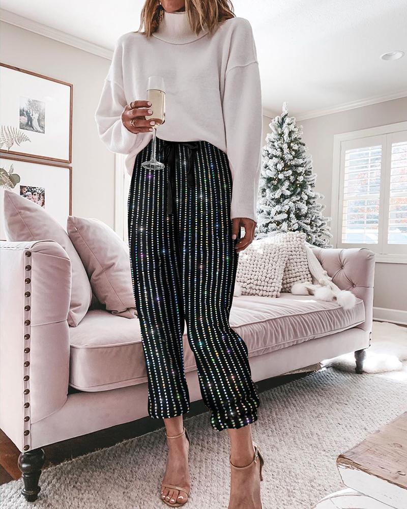 

Glitter Striped Drawstring Design Sequins Pants, Black
