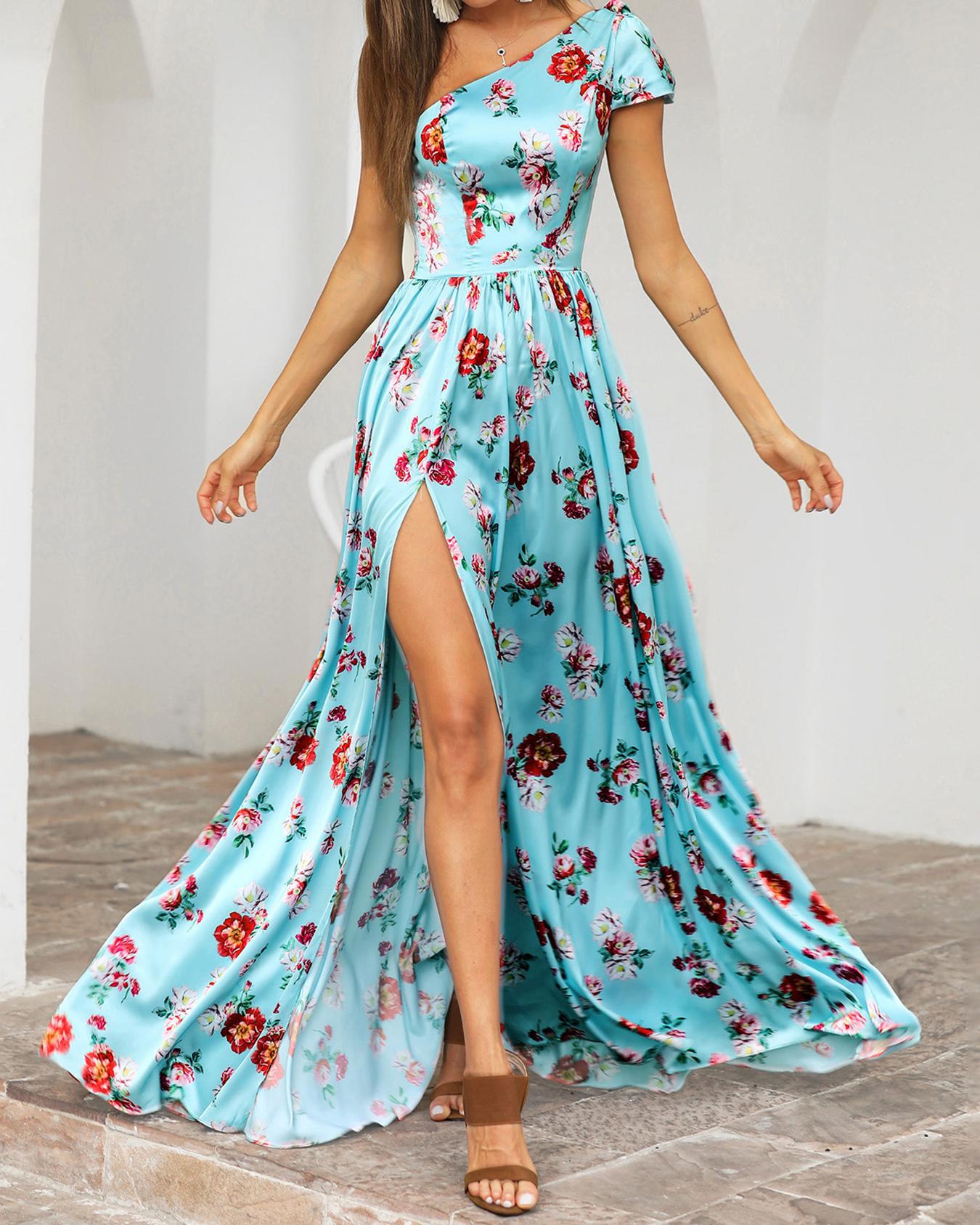 

Floral Print One Shoulder Slit Maxi Dress, Blue