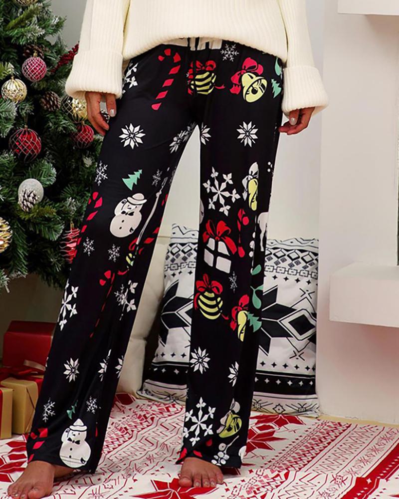 

Christmas Mixed Print Wide Leg Casual Pants, Black