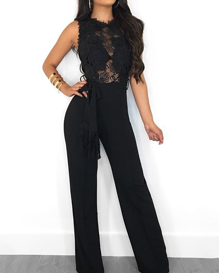 

Lace Splicing Tie Waist Wide Leg Jumpsuits