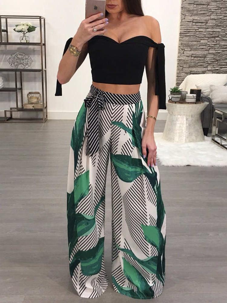 

Leaf Print Tie Waist Striped Wide Leg Pants