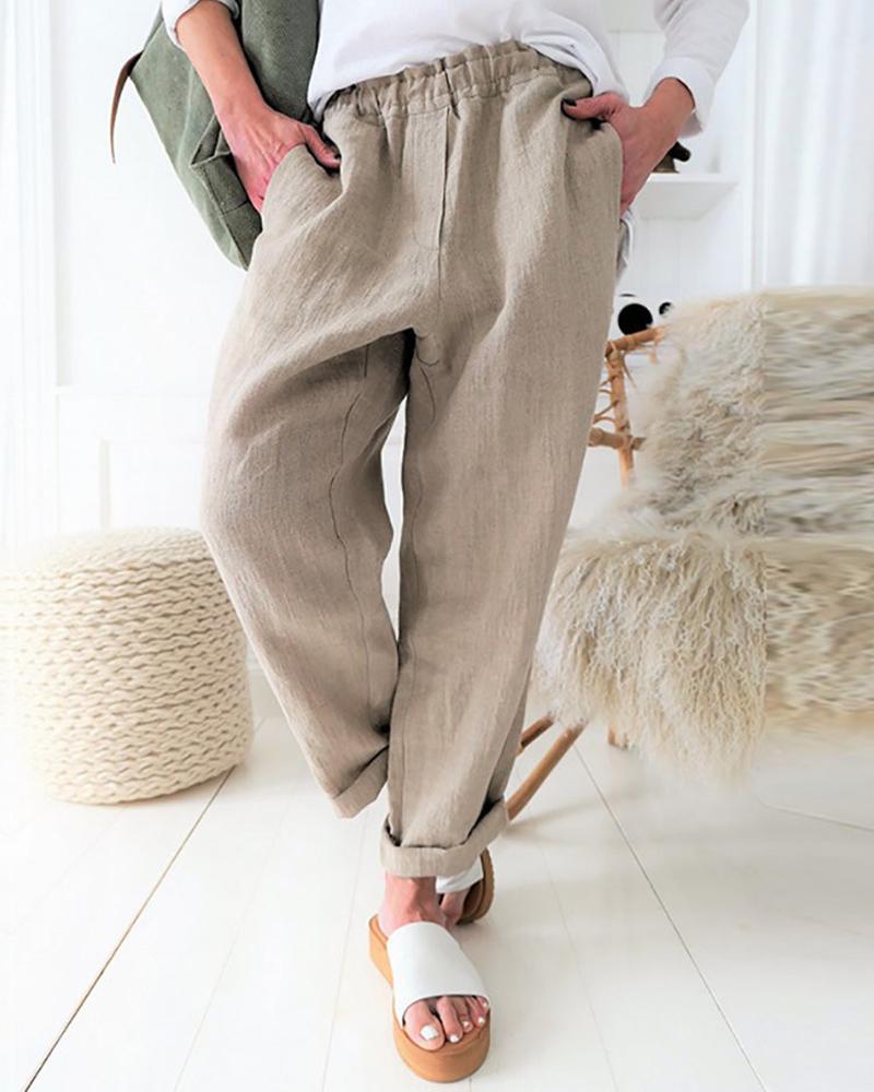 

Solid Elastic Waist Casual Pants, Apricot