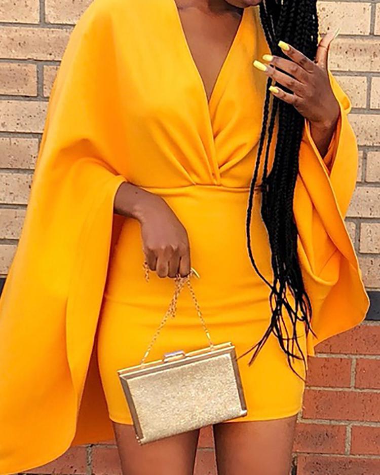 

Deep V Ruched Cape Design Bodycon Dress, Dark yellow