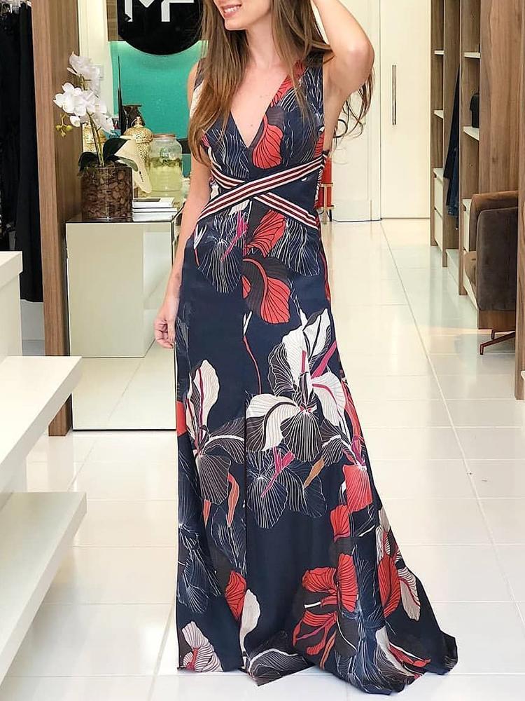 

Floral Print Crisscross Striped Insert Slit Maxi Dress
