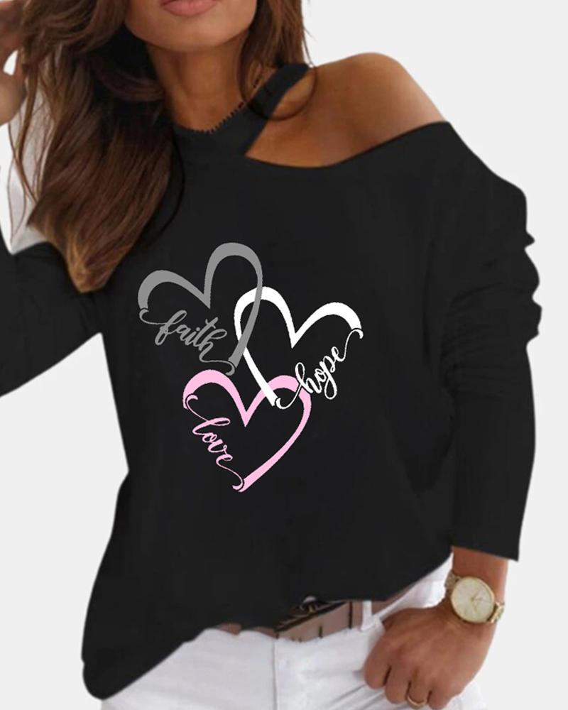 

One Shoulder Heart Letter Print Top, Black