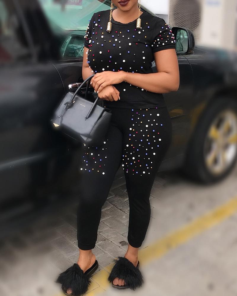 

Short Sleeve Colorful Beaded Top & Pants Set, Black
