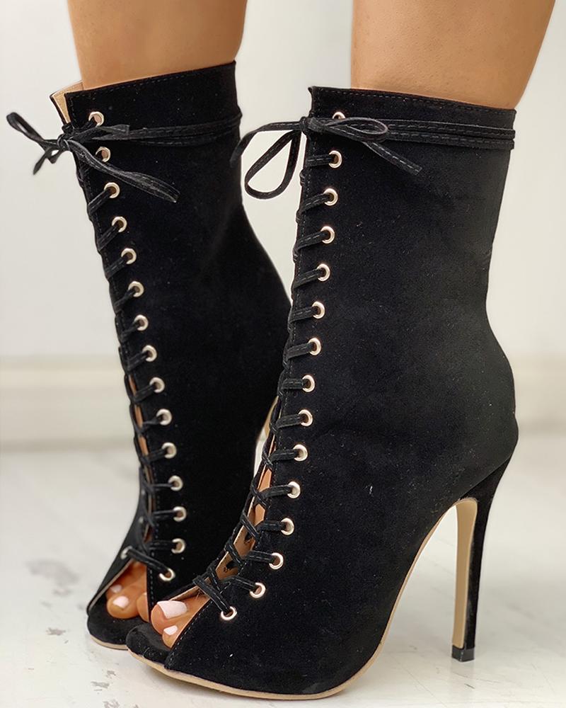 

Peep Toe Eyelet Lace-Up Thin Heeled Boots, Black