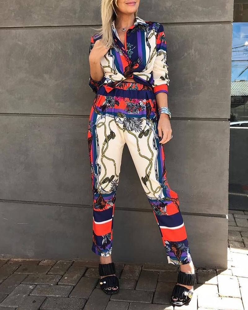 

Long Sleeve Mixed Print Shirt & Pant Sets, Multicolor