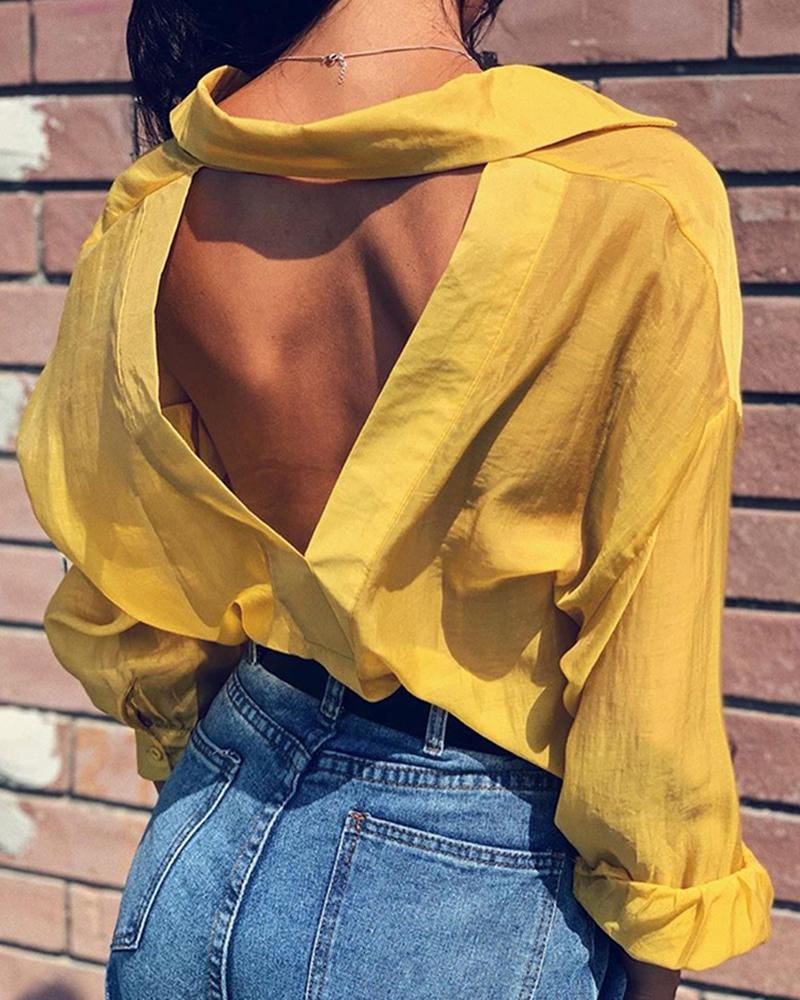 

Solid Long Sleeve Backless Shirt, Yellow