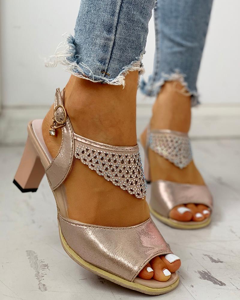 

Peep Toe Mesh Insert Chunky Heeled Sandals, Gold